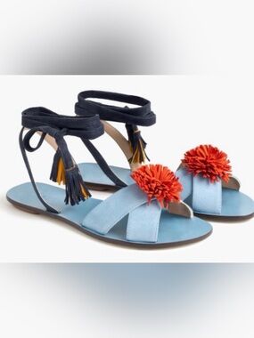 J Crew Blue Suede Ankle Tie Tassel PomPom Sandals 8.5